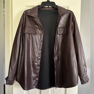 DAZY Brown Faux Leather Shacket | Button Front Shirt Jacket | Medium